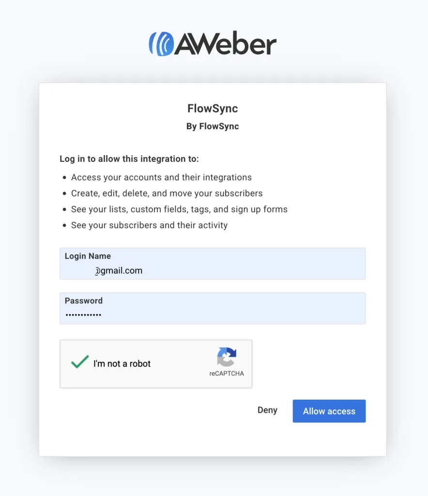Connect WordPress to AWeber 2 Allow access to Aweber FlowSync