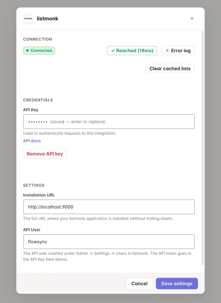 Listmonk API Settings FlowSync