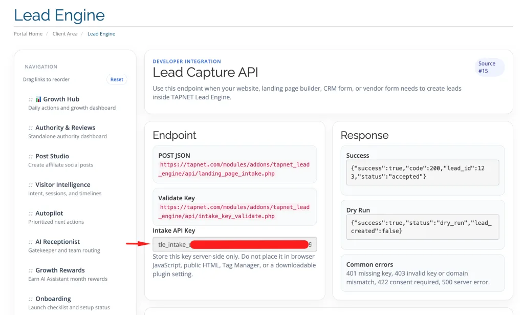 Connect WordPress to TAPNET Lead Engine 1 Tapnet leadcapture API