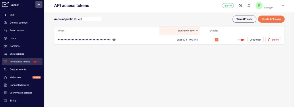 Connect WordPress to Sender 1 Copy tokens from Sender